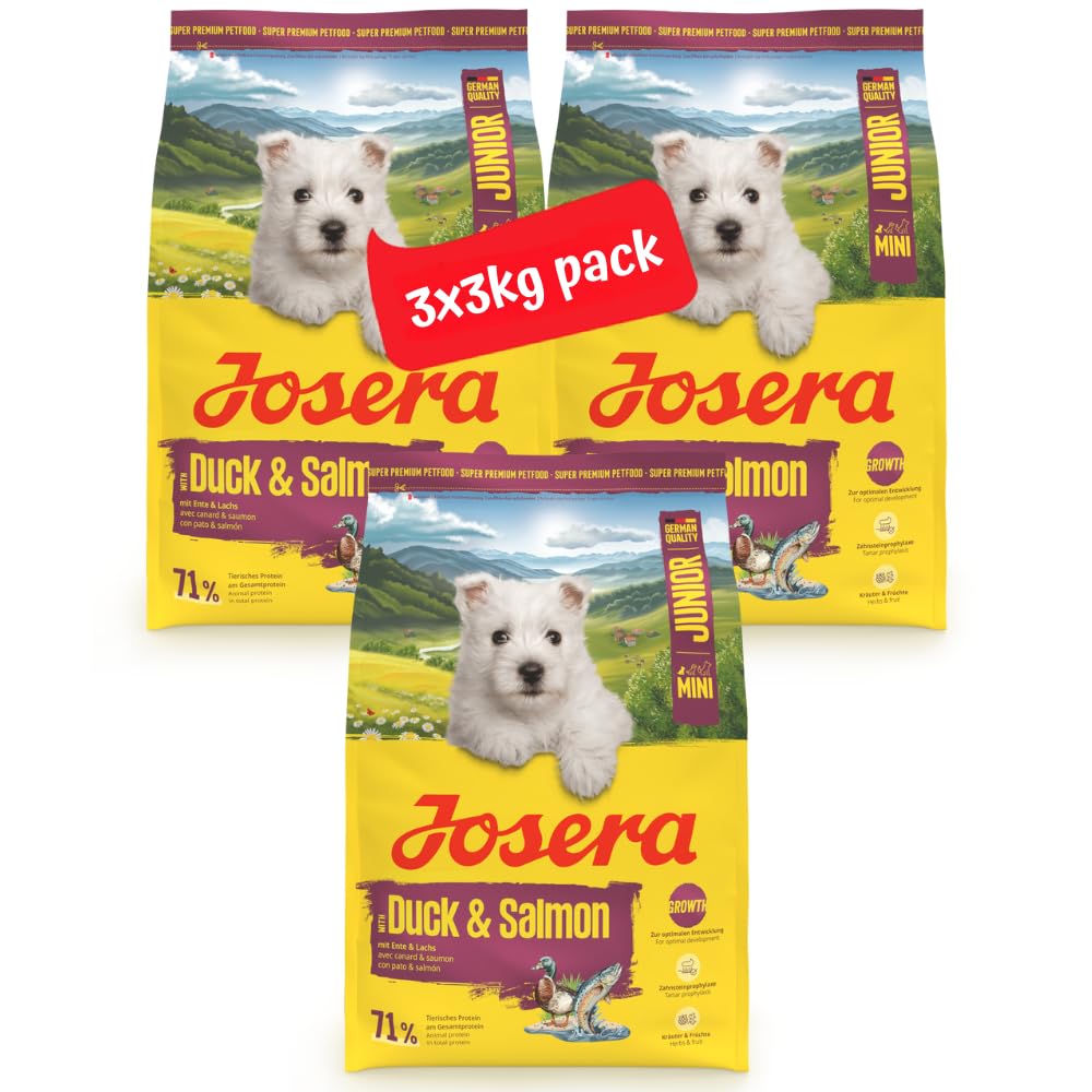 Josera Mini Junior Duck & Salmon | Complete dry food for toy & small breeds | Gluten free | Tartar control | Herbs & fruits | Joint support | 3x3kg