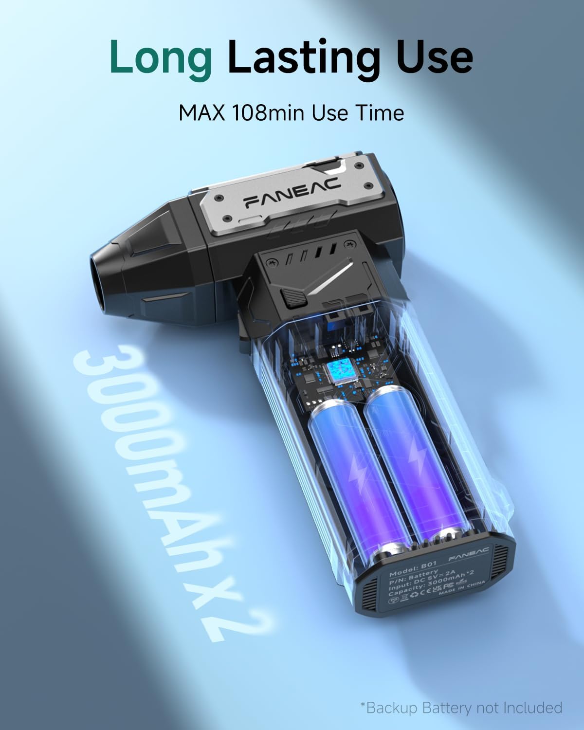 X305 Compressed Air Duster with Extra Removeable Battery, 3-Speed Adjustable & 4 Nozzles, Ultra-Powerful 32mm 150,000 RPM BLDC, for Keyboard, Computer, House Cleaning - Image 6