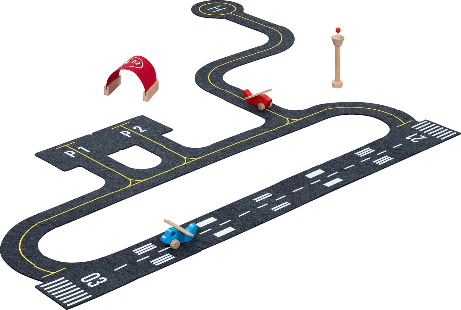 goki 53777 – Spielset Flughafen gokiAir – 26-teiliges Flughafen-Set aus Holz und Filz mit Flugzeugen, Tower, Hangar sowie Start- und Landebahn