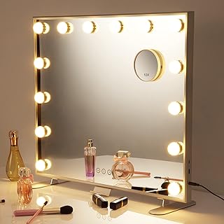 Miroir Salle de Bain, Grand Miroir Mural Maquillage Lumineux Cosmétique avec LED*14 et Ecran Tactile 3 Couleur Réglable, Miroir Vanité d'Eclairage Hollywood avec Grossissant X10 sur Table (Blanc)