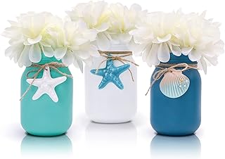 Beach Mason Jar Decor Coastal Table Centerpiece with White Flowers Floral Arrangement Blue Shell Starfishes Slices Summer ...
