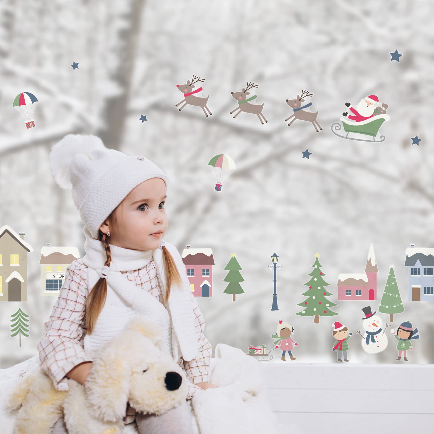 Stickerscape Holiday Village Christmas Santa Window Stickers (Holiday Village) | Christmas Window Decorations To Create A Winter Themed Display | Reusable, Re-Positionable And Cleanly Removable