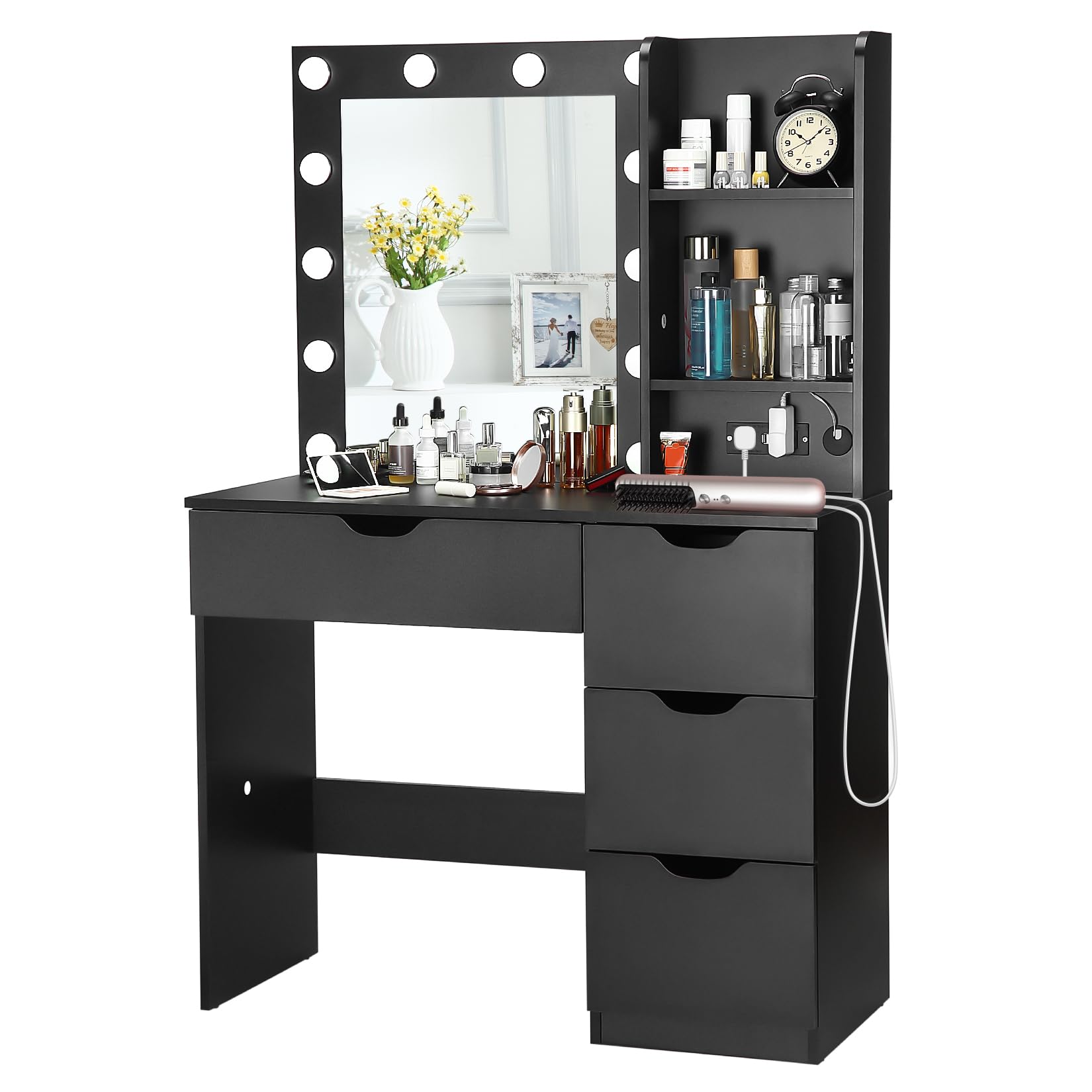 JoanKaren Modern Vanity Makeup Desk with Vanity Mirror, Built-in Lights, 4 Drawers, Crystal Ball Knobs, Power Outlet, White Makeup Desk for Bedroom