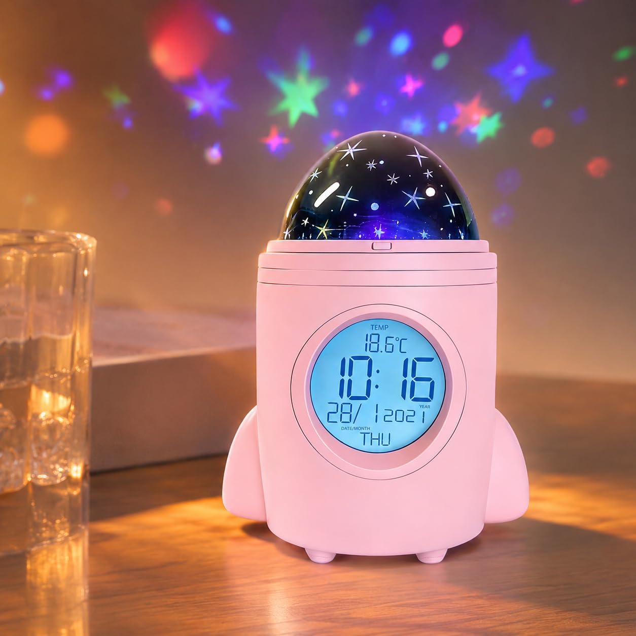 Rocket Starry Sky Projector Clock, Dual Alarm, Sleep Timer, Mint Green | galaxy night light, ambient mood lighting, white noise, temperature display, bedroom, home decor, gift