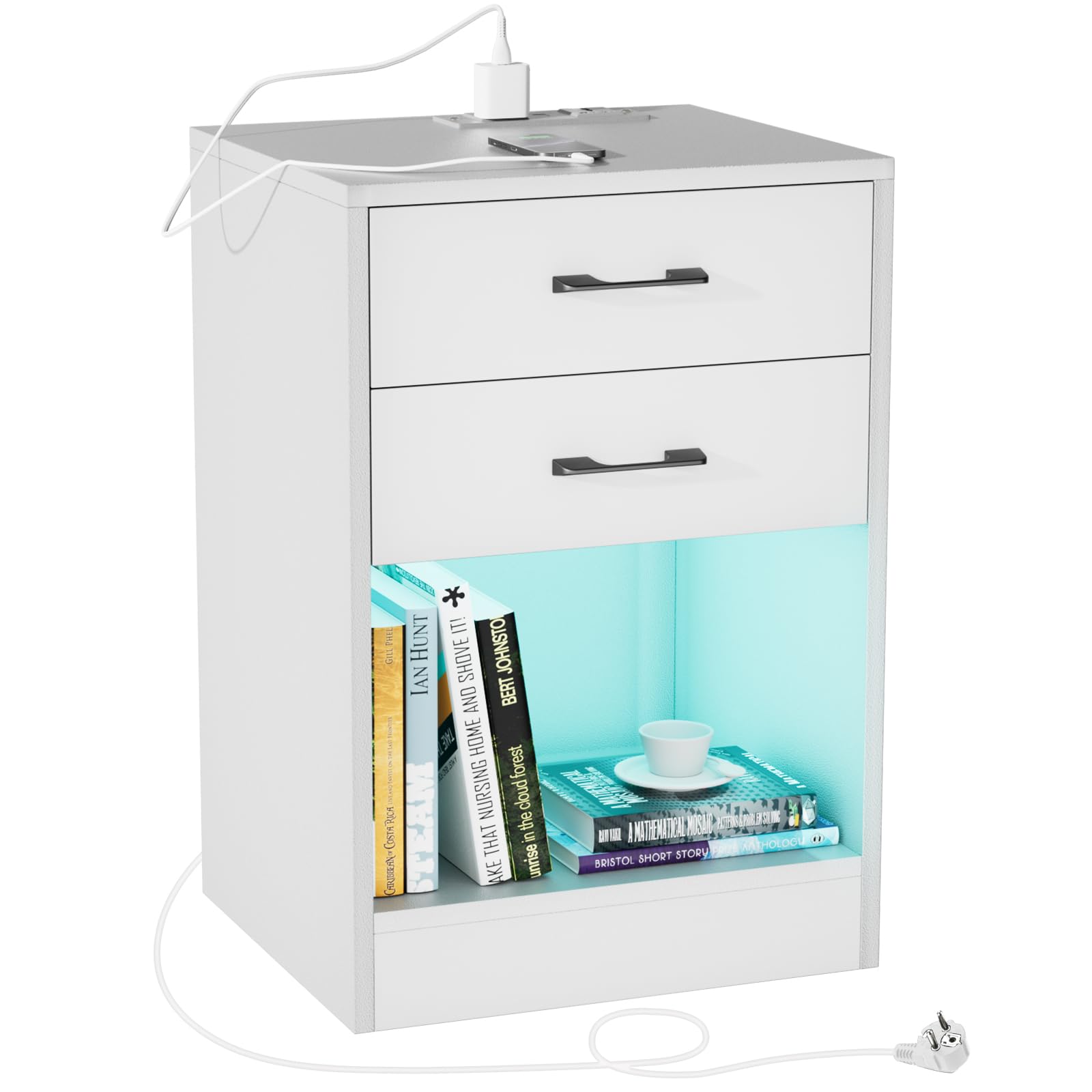 Mesitas de Noche Blancas, Mesita de Noche Led, Mesa de Noche con estación de Carga, 2 cajones, Armario de Cama, Estilo Moderno, para Dormitorio, salón 40x35x60cm