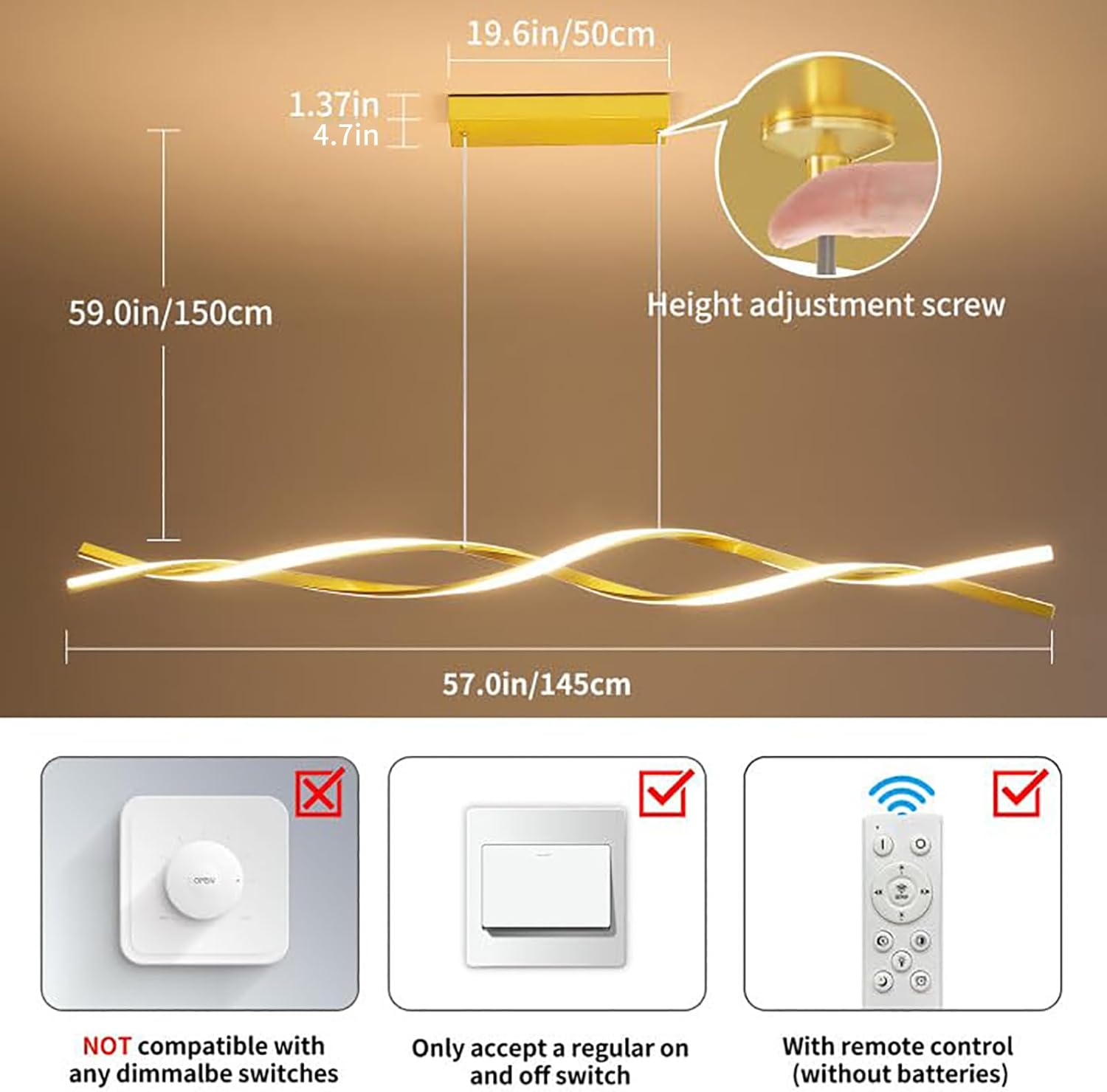 Modern Gold Ceiling Pendant Light, 57IN Chandelier with Remote Control 3000k-6500K Adjustable Color Temperature,Aluminum Island Lighting Lamp for Dining Room, Living Room, Island