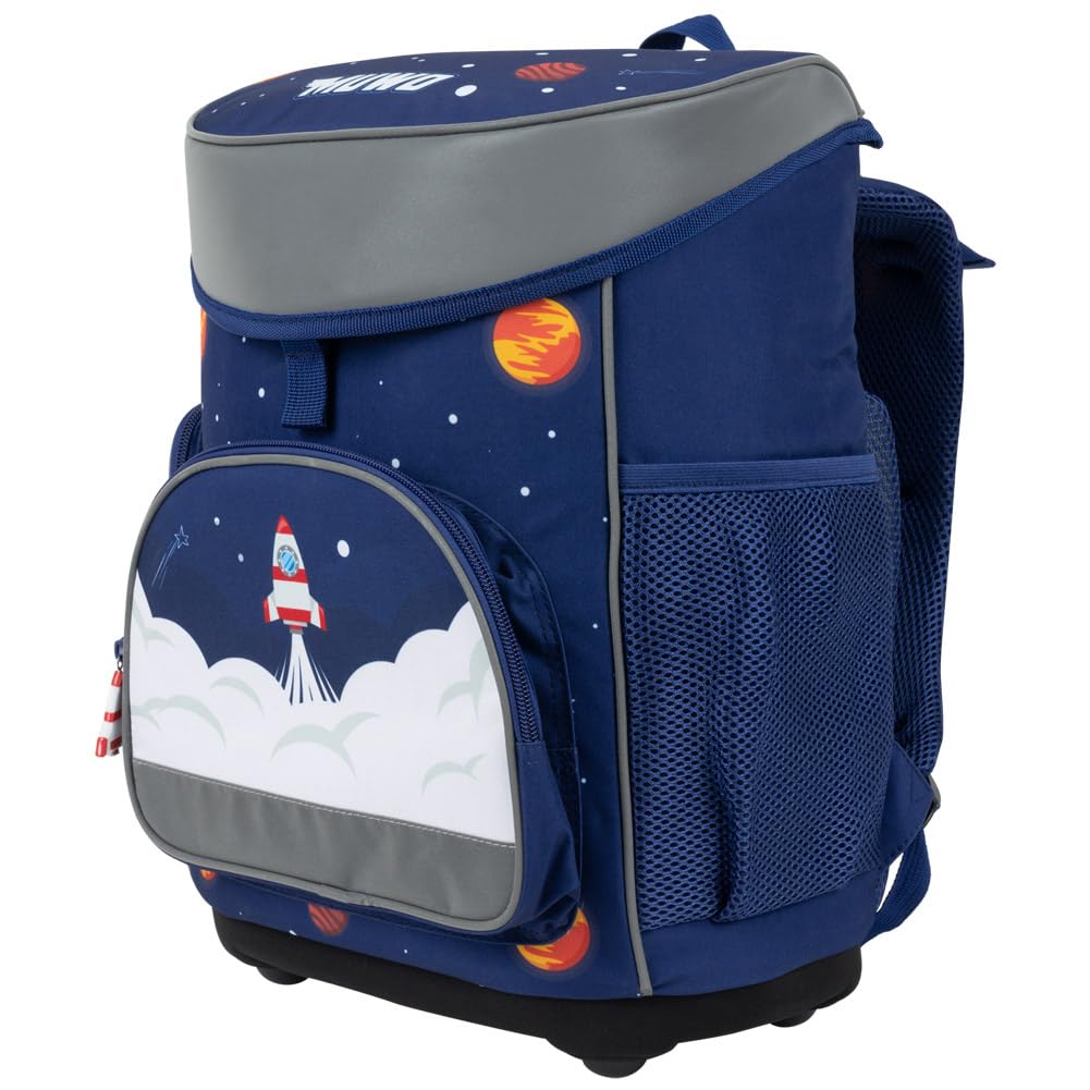MUWO Kinder Schulranzen Set 5tlg. ergonomischer Leichter Schulrucksack mit Sporttasche, Turnbeutel, Federmappe, nur 920 Gramm (Weltraum Design)