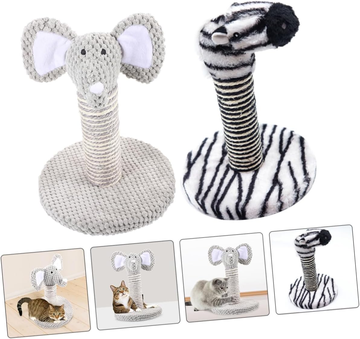 UPKOCH 2pcs Small Elephant Zebra Cat Scratching Posts Set, Vertical Sisal Scratcher Poles for Indoor Cats, Comfortable Kitten Climbing Resting Furniture