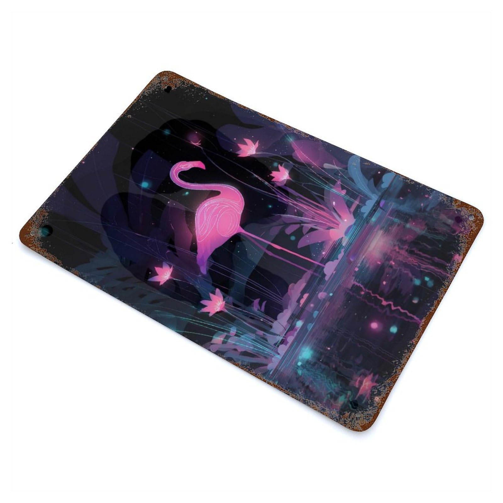Neon Flamingo in A Dark Garden 11.8"x7.9" Vintage Rust Metal Sign, Decorative Metal Wall Art for Farmhouse, Kitchen And Entryway Decor