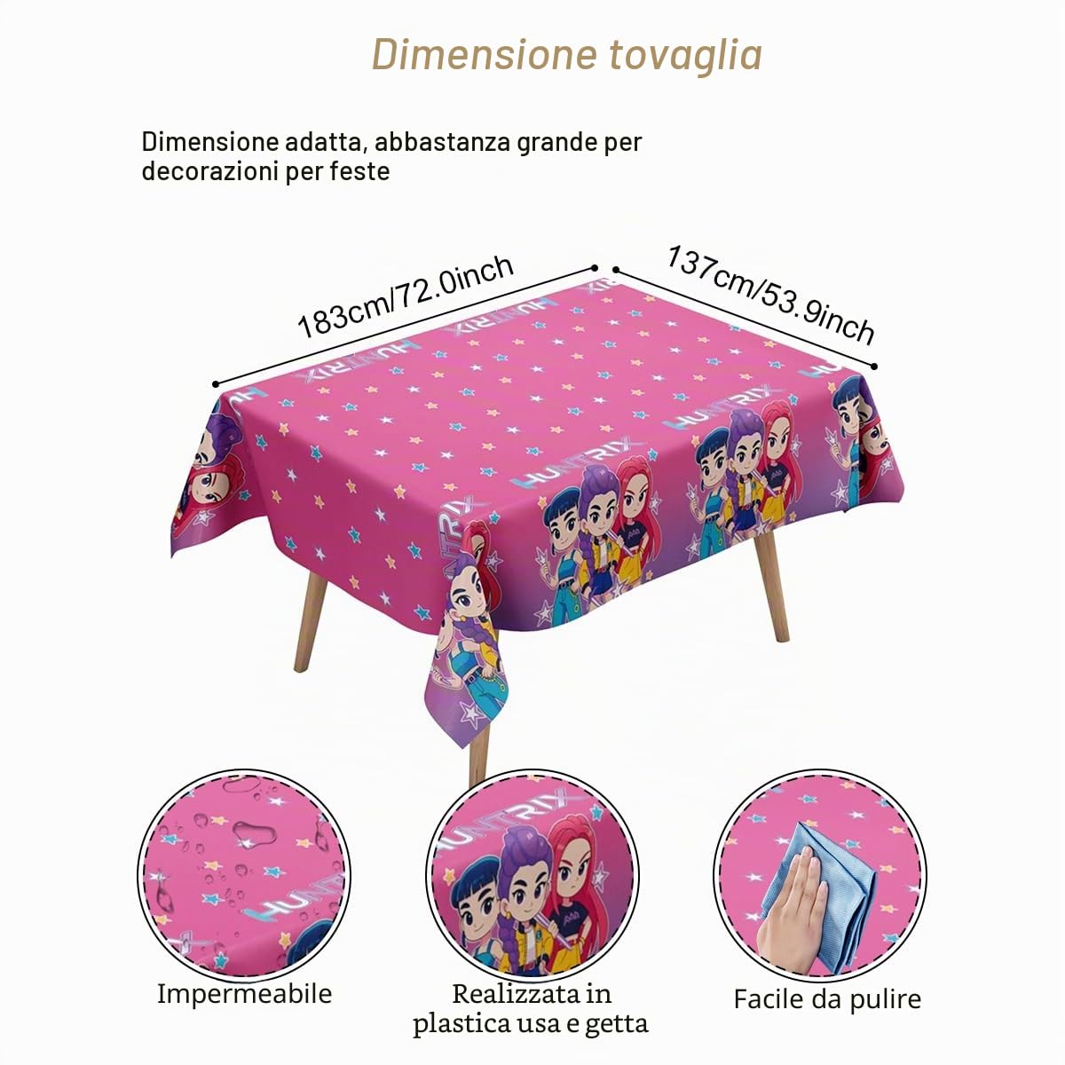 3 pezzi Tovaglia per feste dei Cacciatori di Demoni Tovaglia monouso Tovaglia rettangolare Tovaglia scintillante per esterni, picnic, matrimonio, feste, decorazioni da tavola, 183 x 137 cm