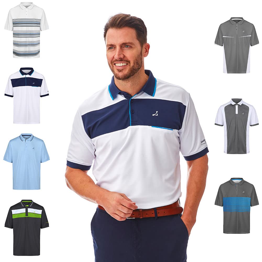 Under Par Men's Golf Pro Quality Breathable Moisture Wicking Quick Dry Polo Shirt, White/Navy/Turquoise, Small