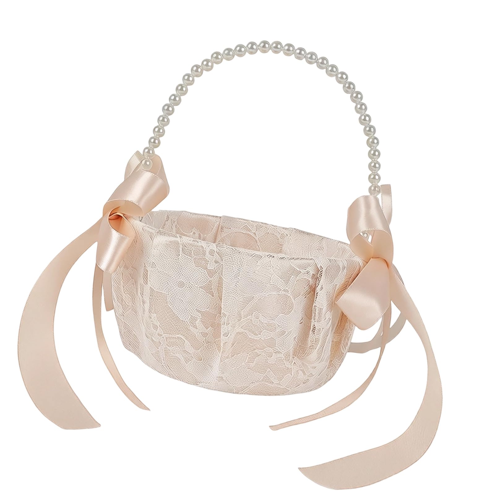 Pearls Trimmed Petal Toss Basket Compact Design for Wedding Receptions Photo Props Decorative Petal Scattering Basket with Detachable Ribbon for Bridal Accessories