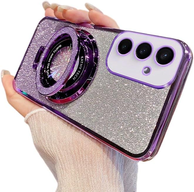 IMEIKONST Glitter Case for Samsung Galaxy S24, Electroplate Flash Shell for Girls Women Ring Stand Function Camera Protector Shockproof Transparent TPU Cover for Samsung S24. Purple DS1