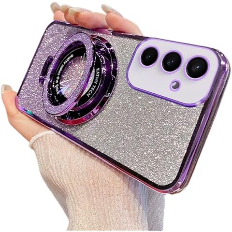 MEMAXELUS for Samsung Galaxy A35 5G Case Glitter Sparkly Diamond Luxury Plating Silicon TPU Soft Cover Camera Protector with Magnetic Ring Stand Holder for Samsung Galaxy A35 5G, Shiny Purple Cover