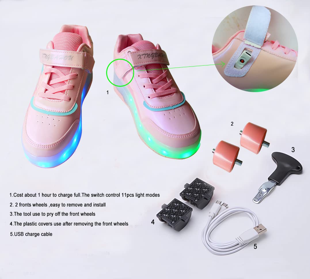 Ufatansy Roller Shoes with Wheels - Quad Skates, Light Up, USB Charging, Hook&Loop Closure, Beginner Trainers for Kids, Toddlers, Youth, Women (Size 3, Pink)