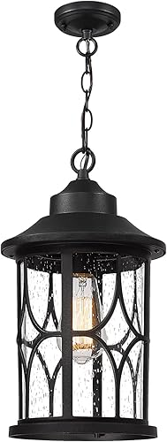 zeyu ZX48MH BK - Lámpara colgante exterior de granja de 15 pulgadas para porche con vidrio sembrado, acabado negro, ZX48MH BK