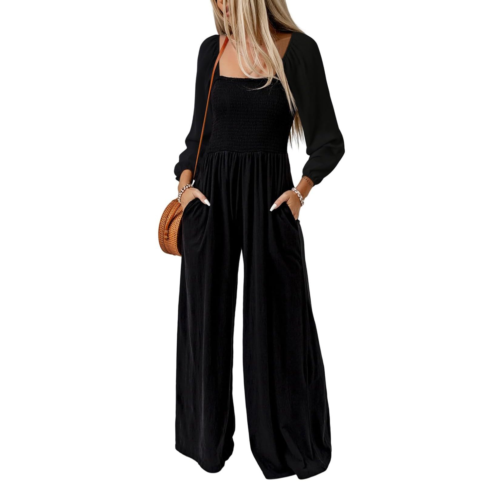 Casuale Loose Bib Pants Tuta Tuta a gamba larga, a maniche lunghe, tinta unita, elegante, per il tempo libero, elasticizzati, morbidi e traspiranti, con tasche