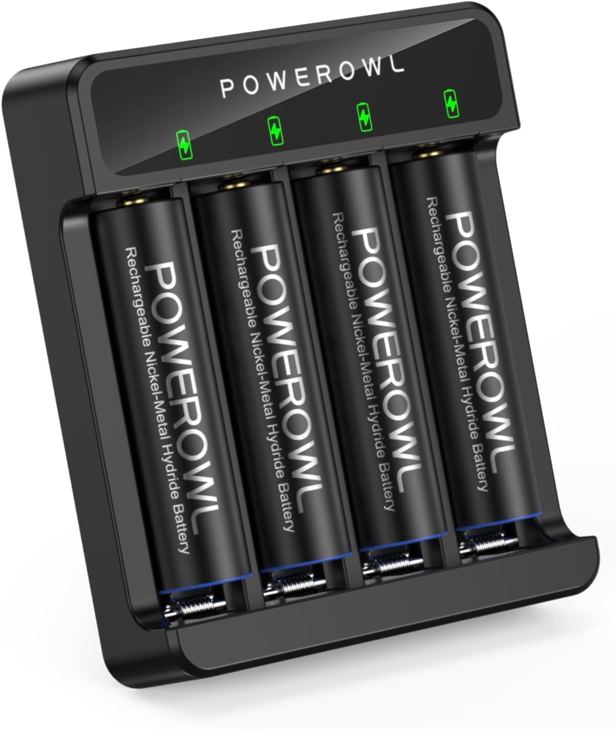 POWEROWL Caricabatteria con batteria AA 2800 mAh, 4 pezzi, caricatore AA USB, ricarica rapida per batterie ricaricabili NI-MH NI-CD AAA AA, slot indipendente