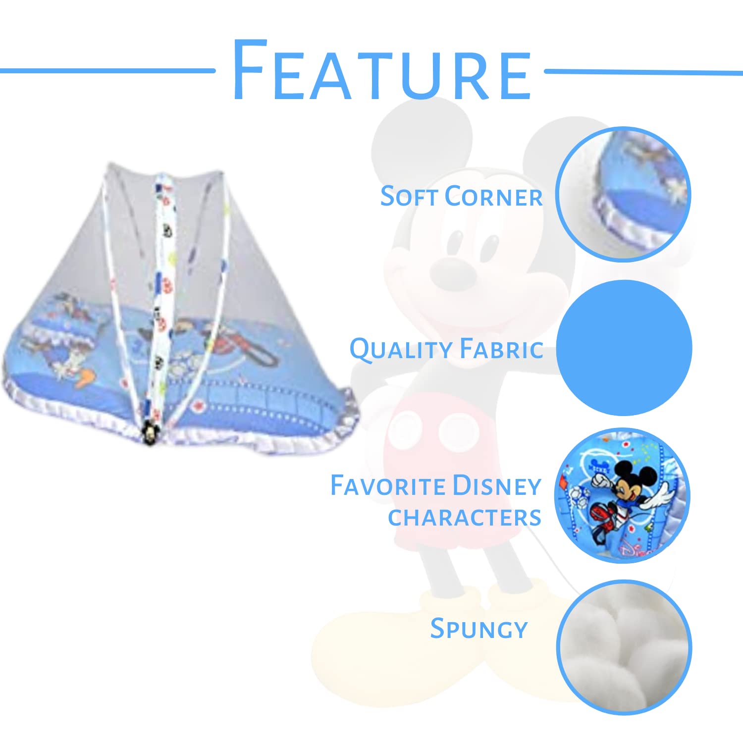 Disney Baby Tales Baby Bed with Thick Mattress, Mosquito Net with Zip Closure & Neck Pillow, Baby Bedding for New Born, 3M+, Disney Print, Baby Sleeping Bed of 78x45x40cm Size (Blue - Mickey Mouse Sports) - Image 3 thumbnail