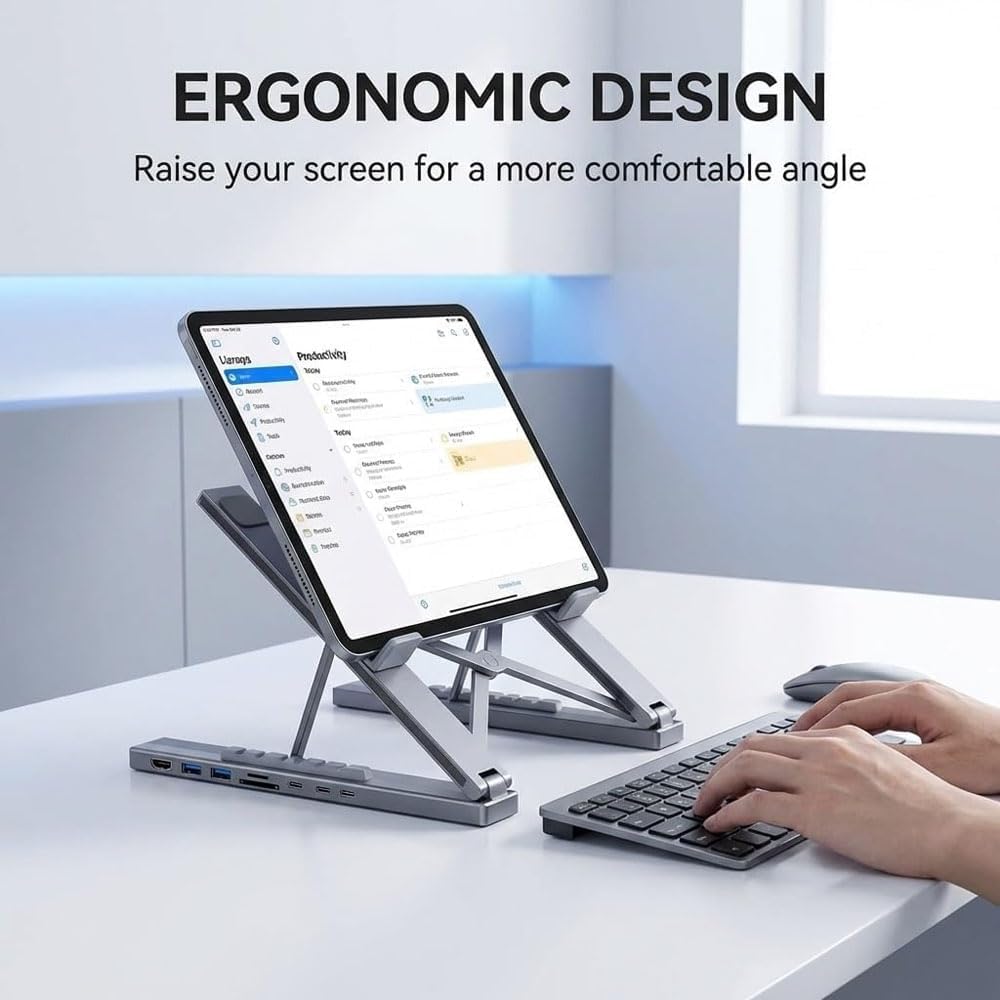 USB C Laptop Stand with Docking Station, 8/9 in 1 Portable USB-C Docking Station Laptop Stand with 4k HDMI Multiport Adapter Aluminum Laptops for Laptops, Tablets, and Mobile Phones (9 in 1)