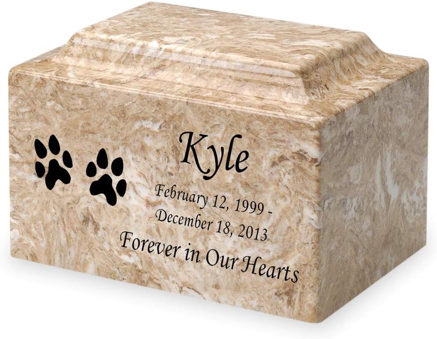 Mainely Urns Carerra Dog Paw Prints Pet Cremation Urn for Ashes - Personalize with Name, Date, and Sentiment - Cultured Marble - 50 Cubic Inch for a Pet Weighing up to 50 Pounds