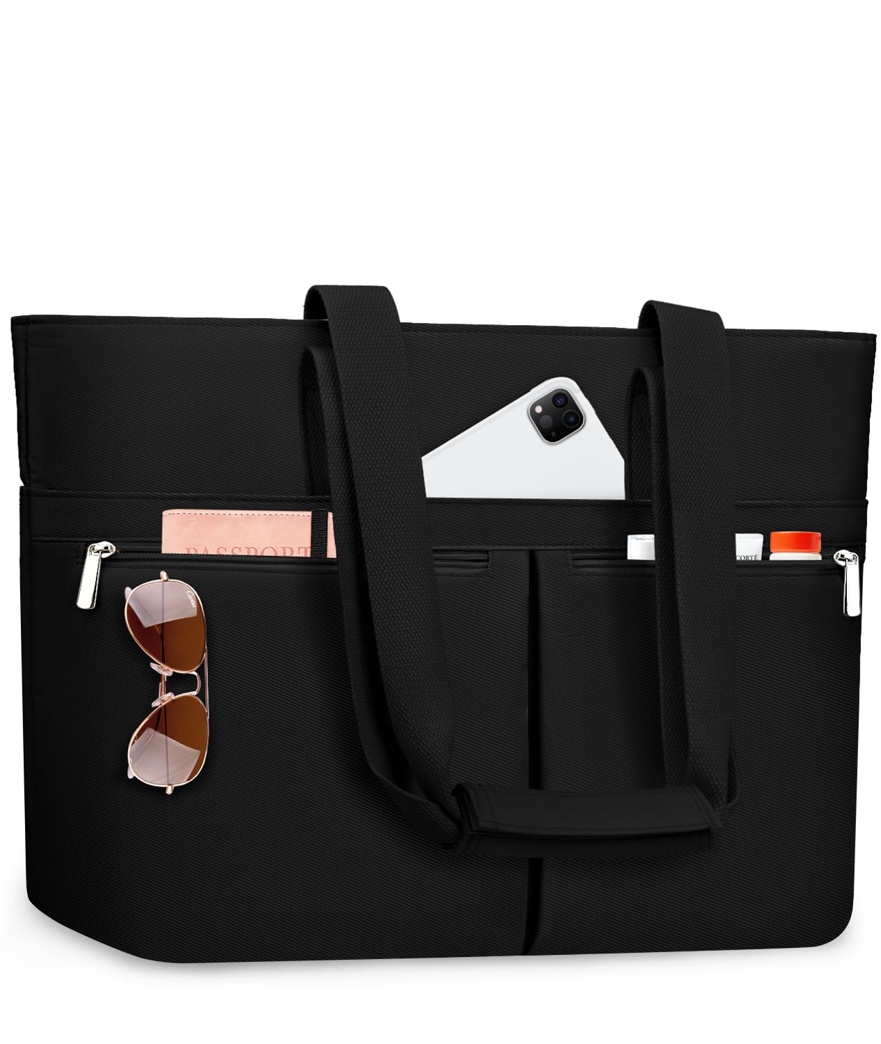 ENONEO Borsa Mare Donna Grande XXL Famiglia Borsa Spiaggia con Cerniera & Tasche Multiple, Pieghevole Borse da Viaggio Beach Tote Bag Shopper (Nero Puro)