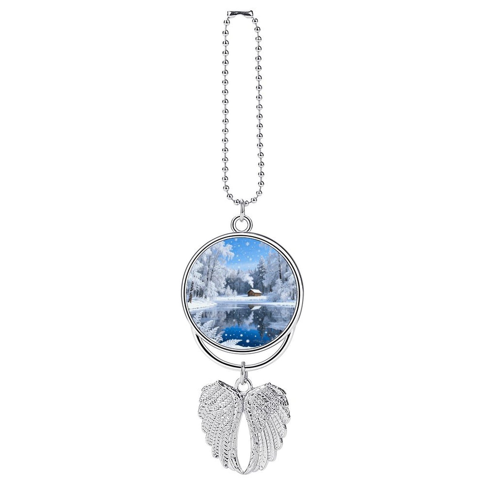Snow Forest Cabin Car Charm, Alloy Rear View Mirror Pendant, Bling Funny Car Hanging Ornament Gift for Women Men, Car Pendant Lucky Auto Interior Decoration Accessories Silver-Style