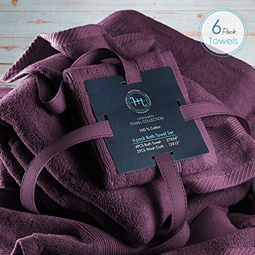 Image of Hearth & Harbor Bath Towels for Bathroom - 100% Ring Spun Cotton Luxury Bathroom Towels - Ultra Soft & Highly Absorbent, Bath Towels Set of 6 - Purple Eggplant
