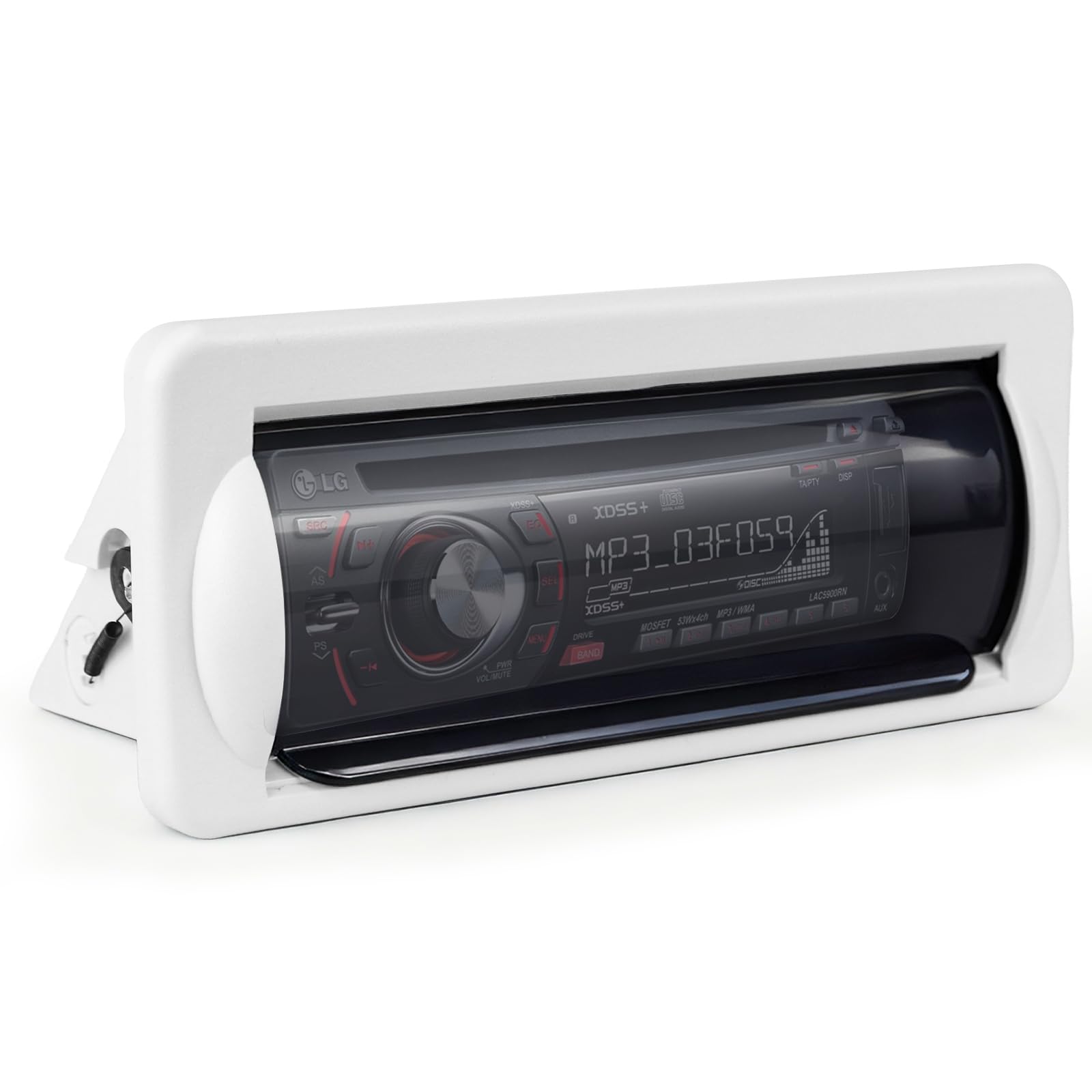 Herdio Water-Resistant Marine Stereo Cover - Heavy-Duty Smoke-Colored Boat Radio Protector with Flip-Up Door, Spring-Activated Release, and Included Mounting Gasket（White）