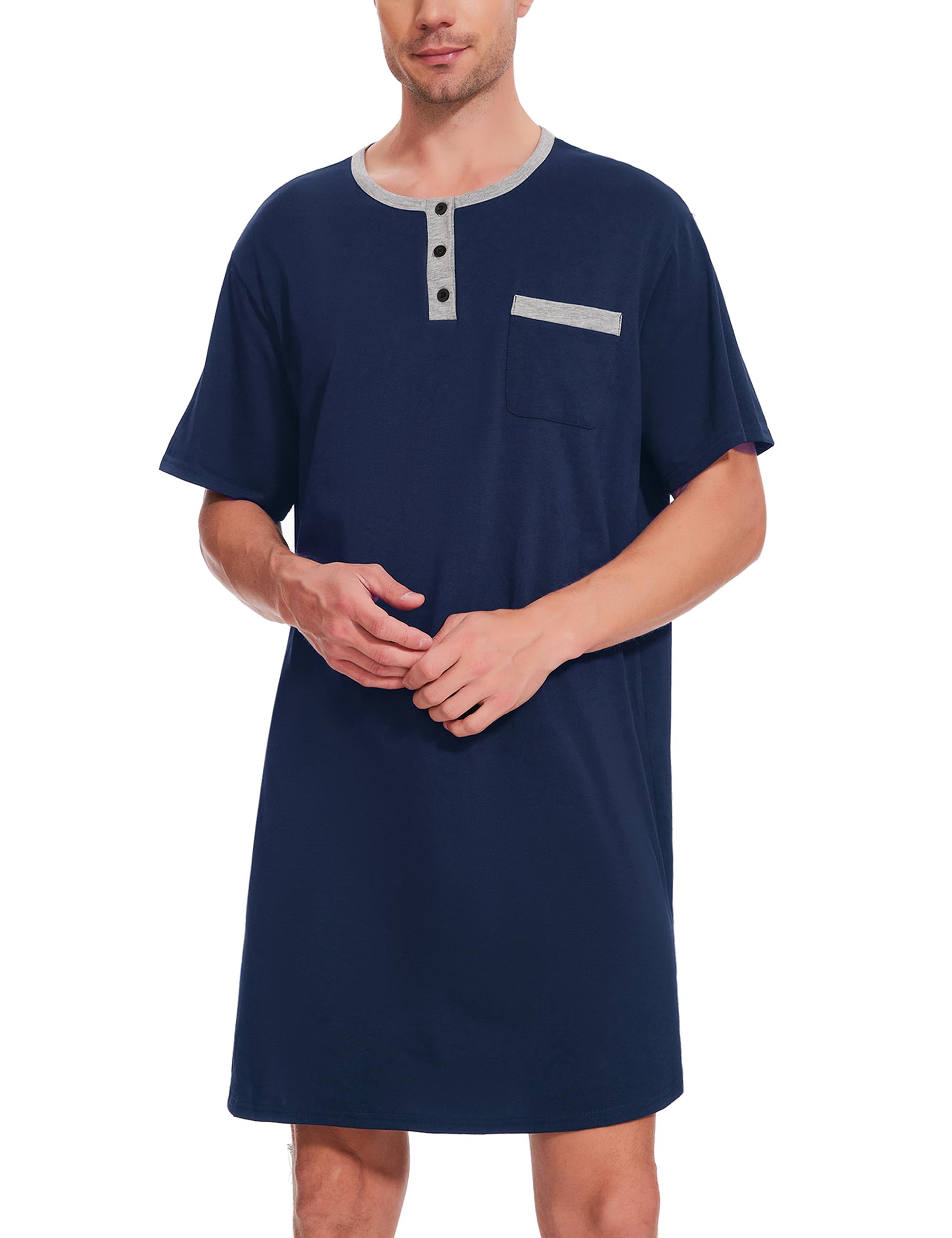 Uniexcosm Nachthemd Herren Kurzarm Schlafshirt Rundhals Einteiliger Schlafanzugoberteile Pyjama Tops Bequem Nachtwäsche Sleepshirt mit Knopfleiste und Brusttasche