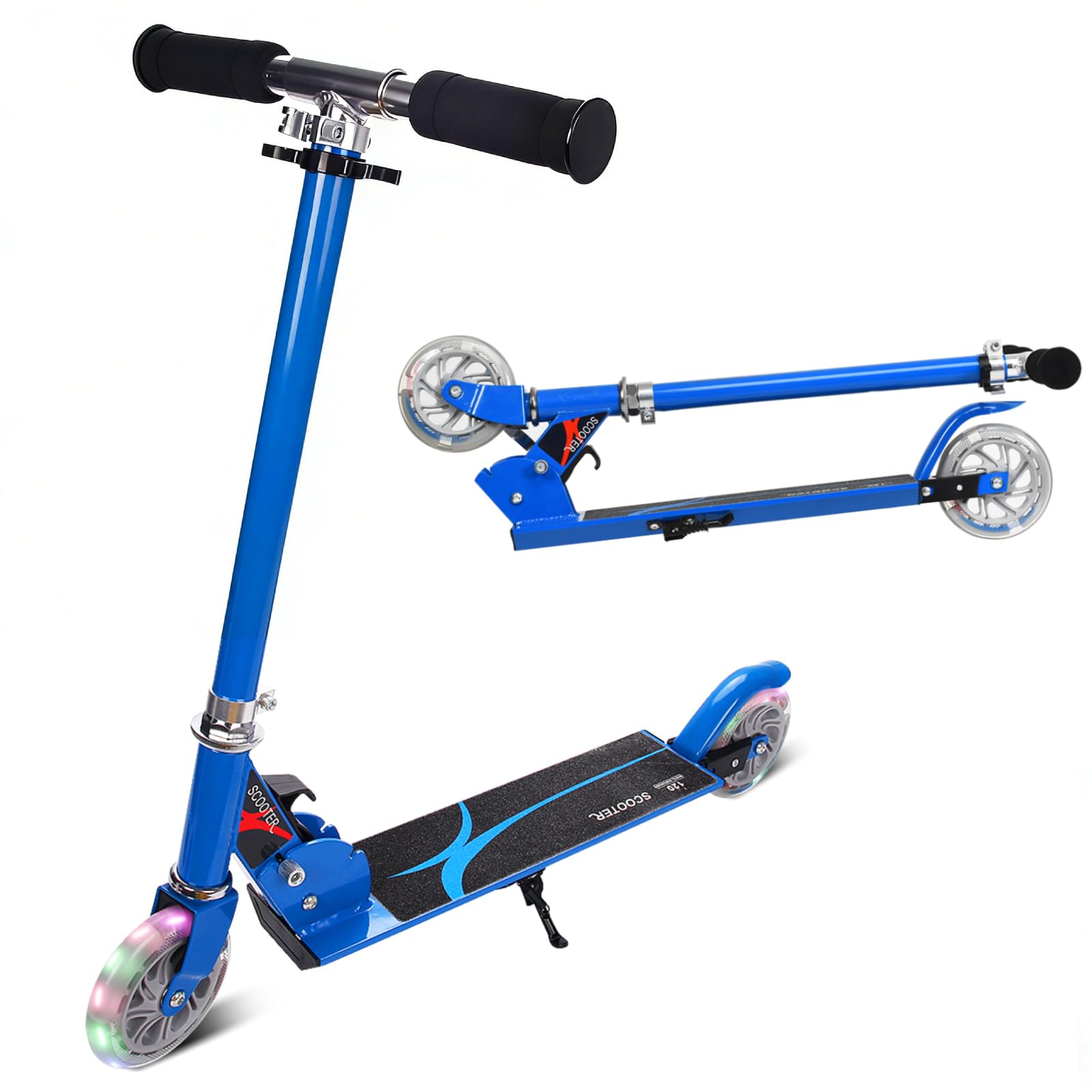 SPOTRAVEL Kick Scooter, Foldable Scooters with LED Flashing PU Wheels and Kickstand, Height Adjustable Scooter for Kids & Teenagers (Blue)