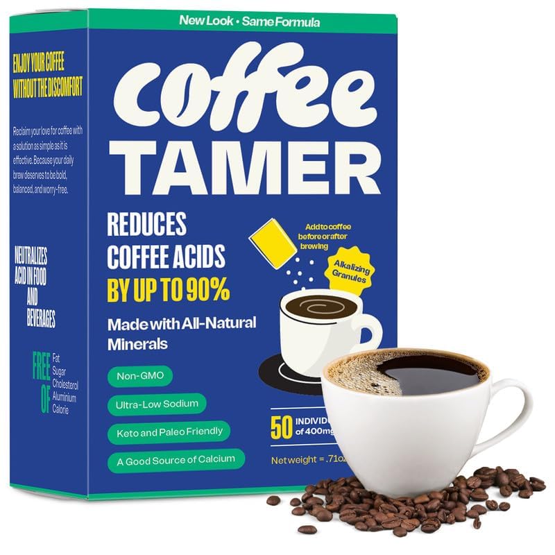 Coffee Tamer Acid Reducer Powder 50 Pack Box - All Natural Coffee Acid Reducer, Alkalizing Granules Reduce Acidity By 90%, Keto Friendly, Sugar-Free, Non-GMO, Preserves Original Flavor