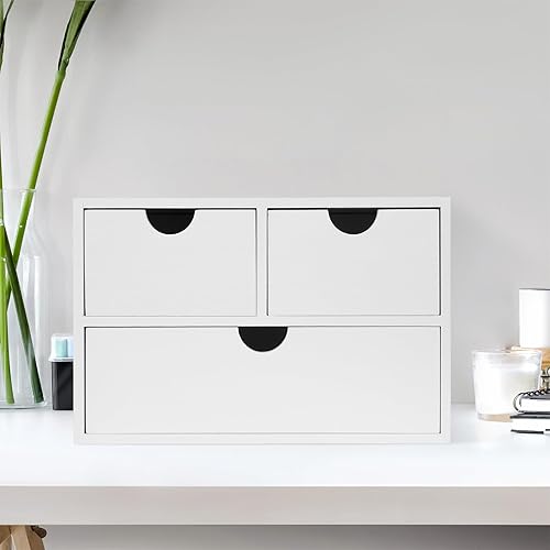 Miniatura 2 de Organizador de escritorio rústico de madera envejecida de 3 niveles con 3 cajones, mini estante de almacenamiento para escritorio, artículos de