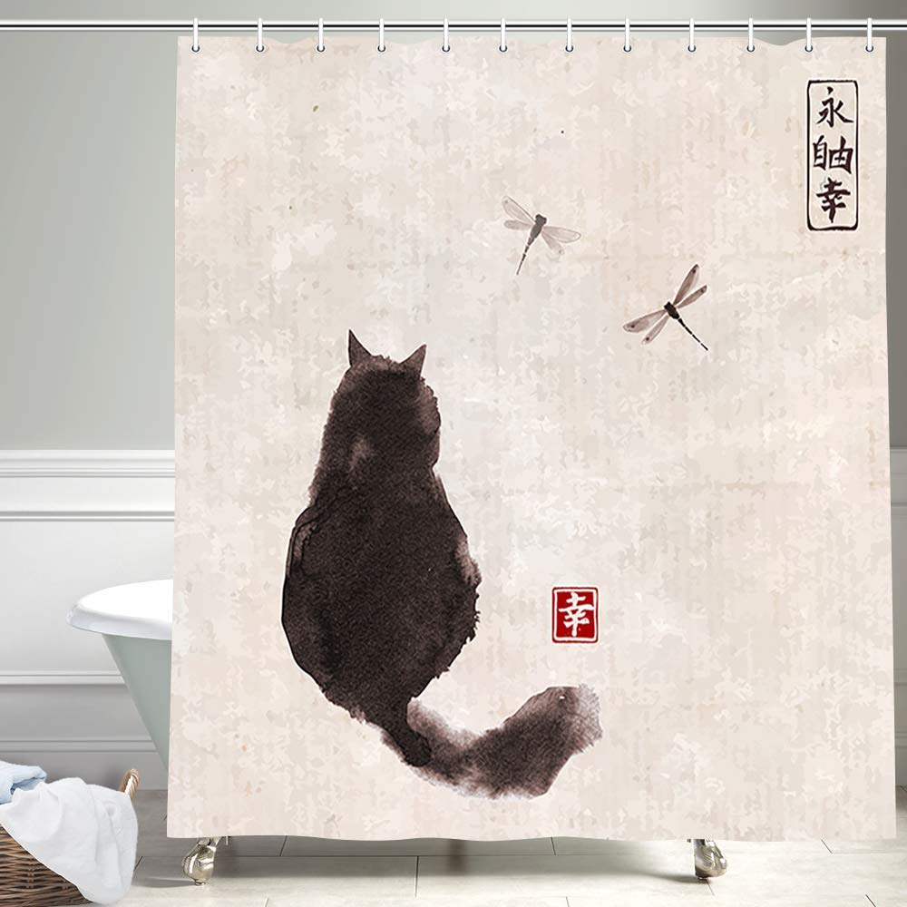 Uiyiui Multicolor-4 Vintage Cat And Dragonfly Japanese Shower Curtains 72X72in/182X182cm/Wxh Asian Style Traditional Ink Painting Farmhouse Decor Bathroom Curtain For Shower Stall Bathtubs With Hooks
