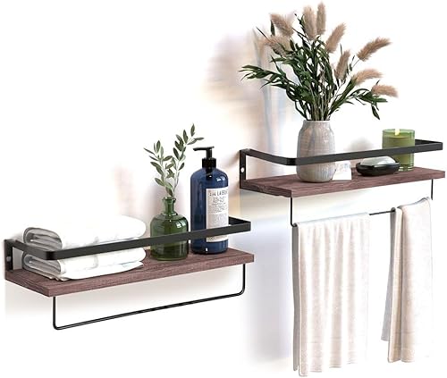 Halter Estante flotante montado en la pared con riel y barra de toalla de metal para cocina y baño, vintage, juego de 2