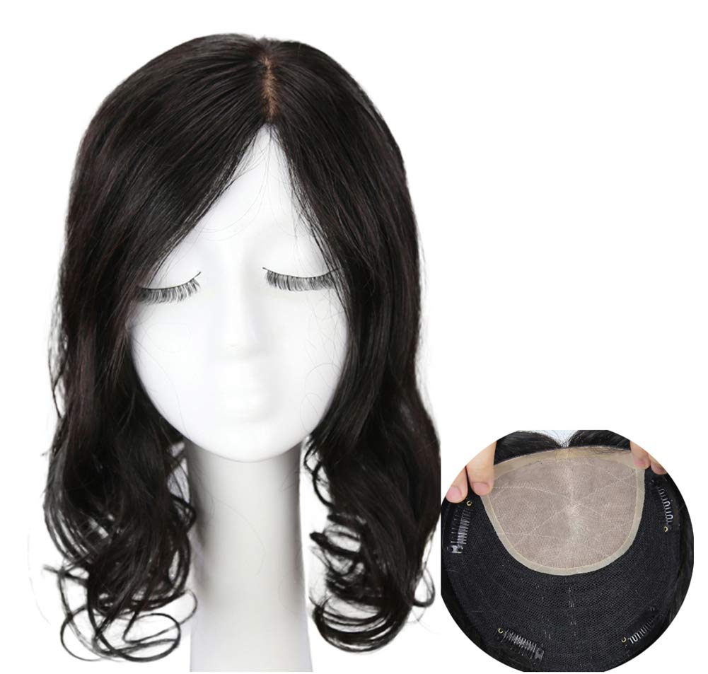 14" Wavy Human Hair Toppers with Clips on, 5.7"x 5.7" Large Silk Base Crown Topper Wiglet Hairpieces for Thinning Hair