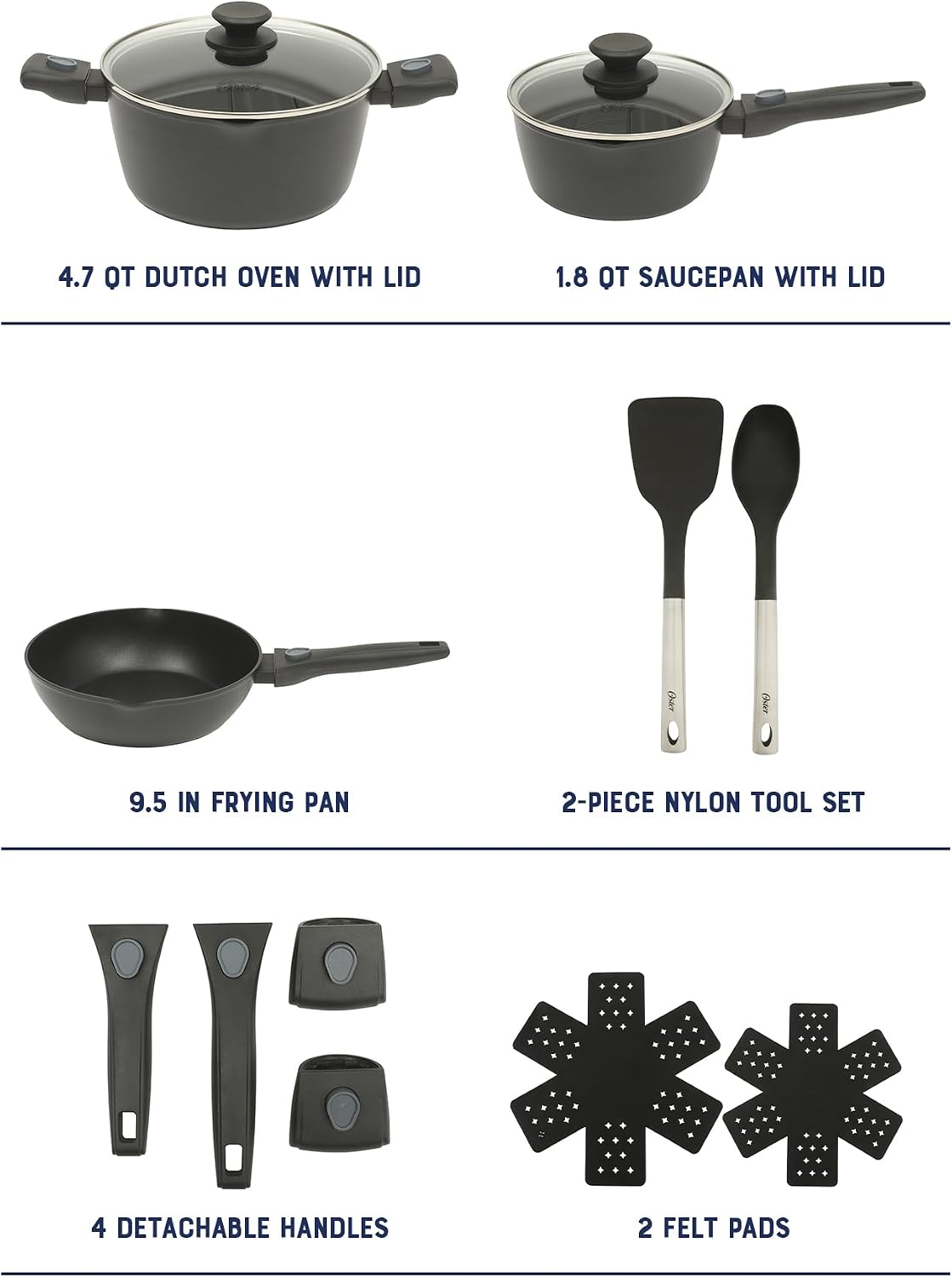 Oster SmartHandle Advance 13-Piece Nonstick Cookware Set – Matte Black Finish, Induction Base, Detachable Handles, Forged Aluminum, Oven & Dishwasher Safe, With Utensils & Pan Protectors