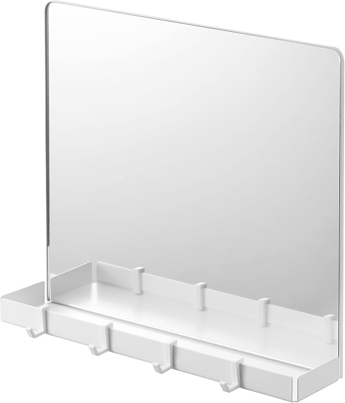 Yamazaki Home Tower Magnetic Mirror & Entryway Storage Rack for Steel Front Doors Or Refrigerators with Tray & Hooks for Keys Or Bags - Glass -