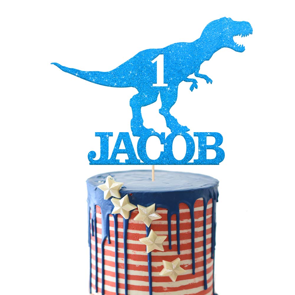 EDSG Personalised Dinosaur Cake Topper for Boy with Any Name Any Age | Multicolour Glitter Dragon Topper for 1st, 3rd, 5th, 7th, 9th, 13th Birthdays (Blue)