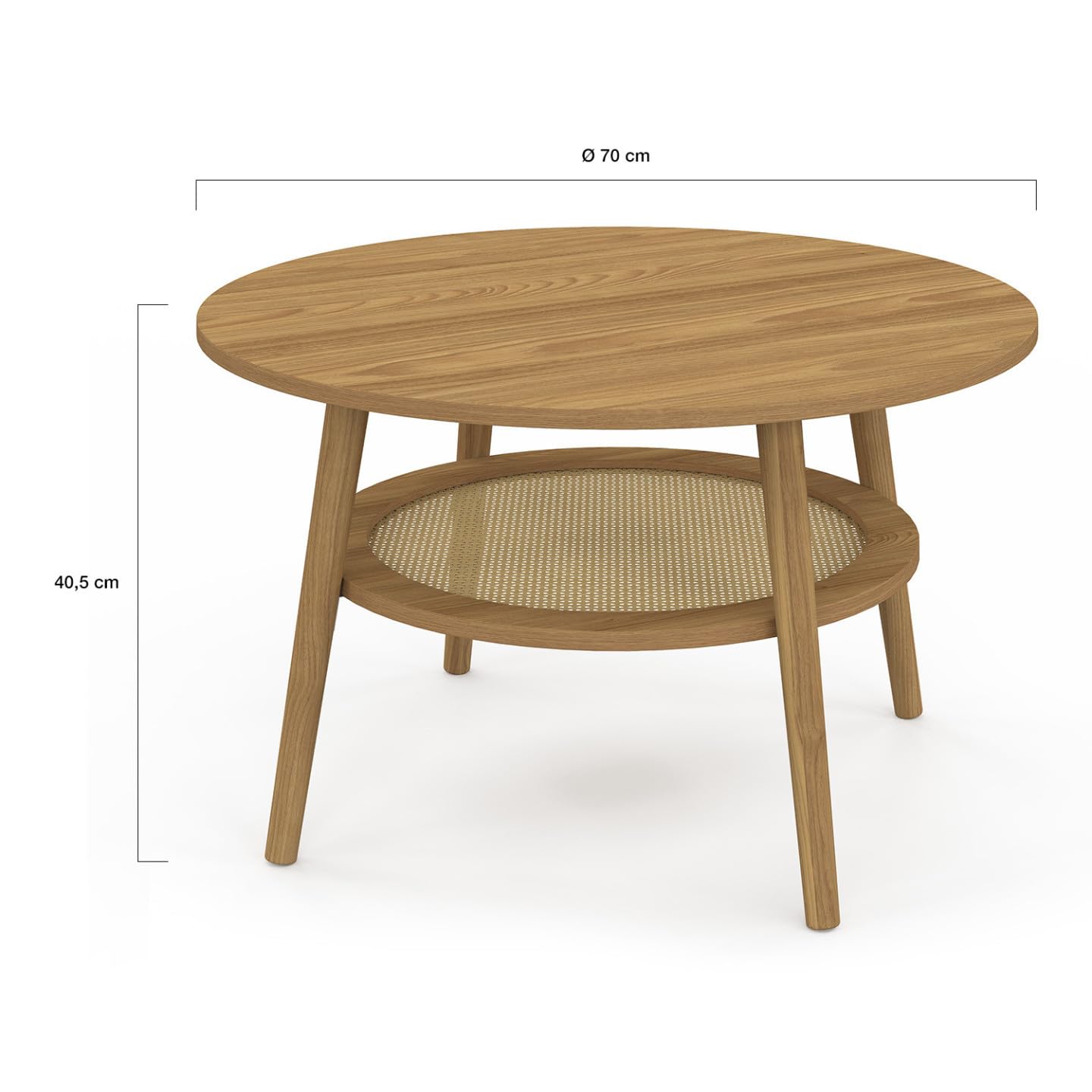 IDMarket – Mesa baja 70 cm HANAE redonda madera forma haya y bandeja efecto natural cannage
