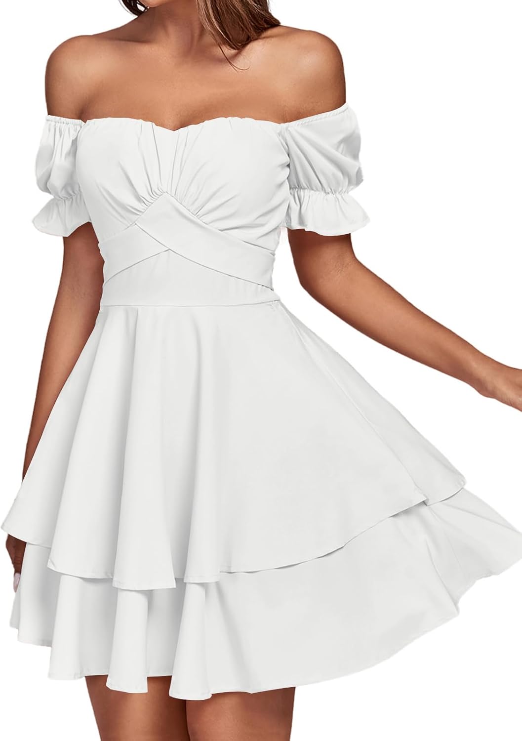 LYANER Women's Tie Back Off Shoulder Wrap Layer Ruffle Short Sleeve Mini Dress - Image 3