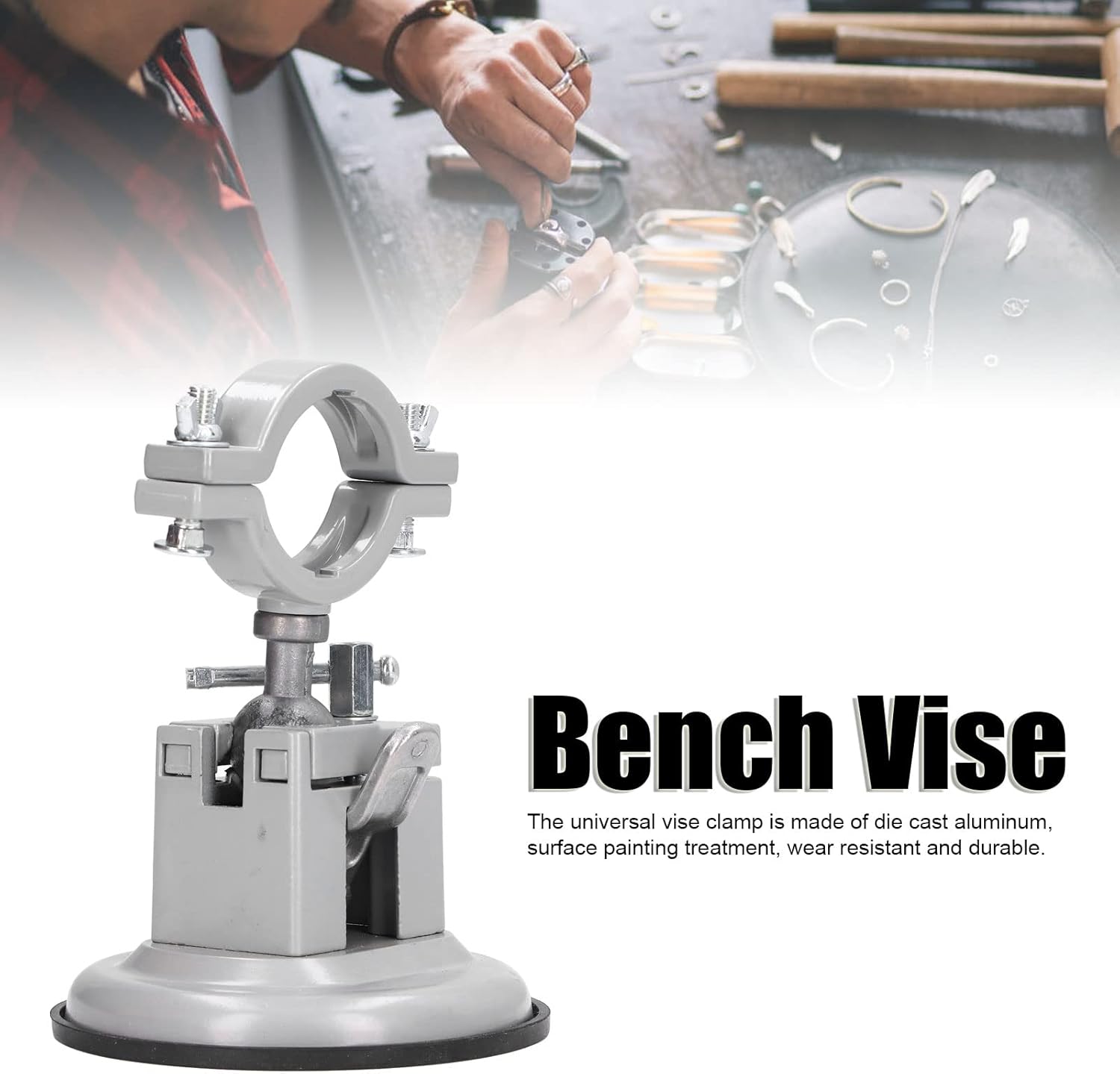 Universal Vise Clamp, Mini Table Vise Clamp 360° Suction Vice Clamp Drill Press Vise, Bench Vise with Suction Cup Base, Double Bolts Clamping Workbench