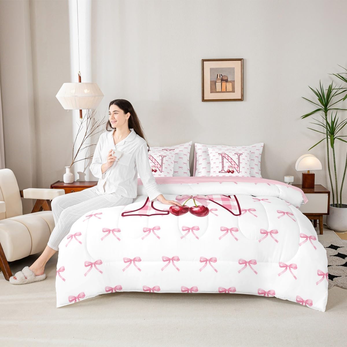 Erosebridal Cherry Bow 7 Piece Comforter Set Twin Initial N Letter Bowknot Bed in A Bag Dreamy Pink Plaid Bow Tie Bedding Sets for Kids Girls Monogrammed Princess Style Sheet Set with Comforter