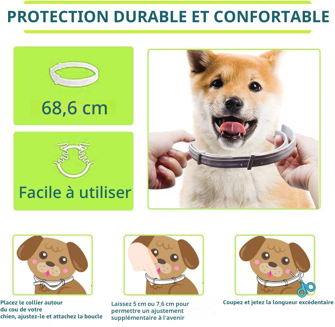 Lot de 2 colliers antiparasitaires pour chiens 8 mois de protection 63 cm collier anti-puces chien antiparasitaire chien chat réglable étanche