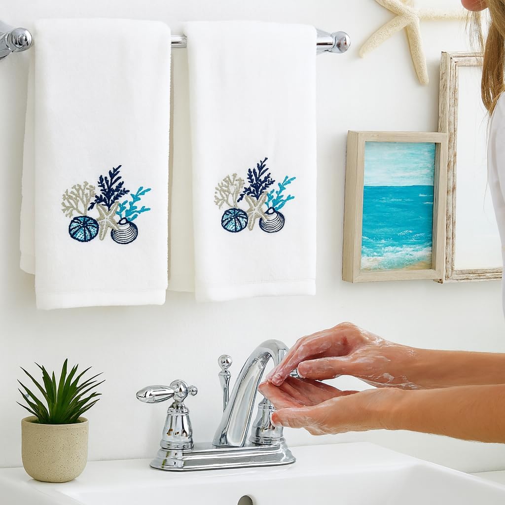 Serafina Home Summer Soft Absorbent Coastal Guest Hand Towels: Summer Shells and Coral Sea Life Design, 2 Piece Antigua - Image 4