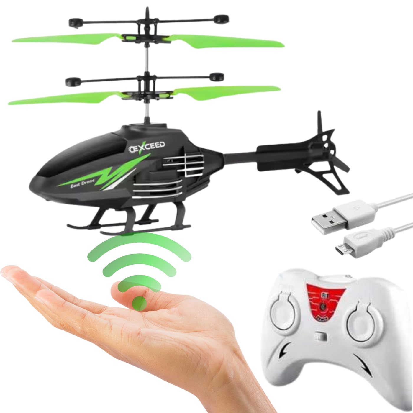 KIDZYMONOutdoor and Indoor Flying Helicopter with Remote Control | Electronic Radio RC Remote Control Toy | Charging Helicopter with 3D Light & Safety Sensor for Kids - Pack of 1 (Black Green)