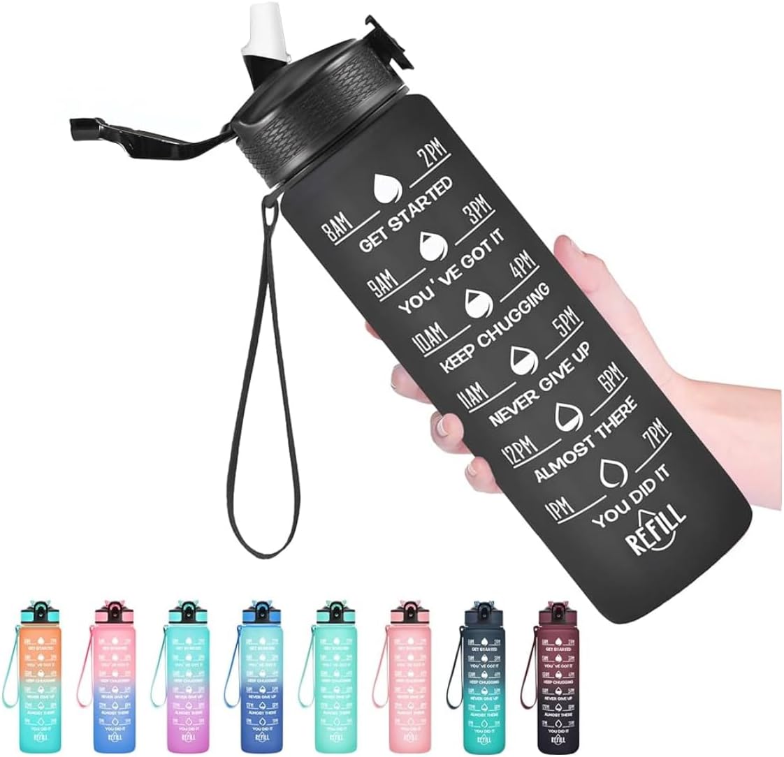 Motivational water bottle with time markers (Black)