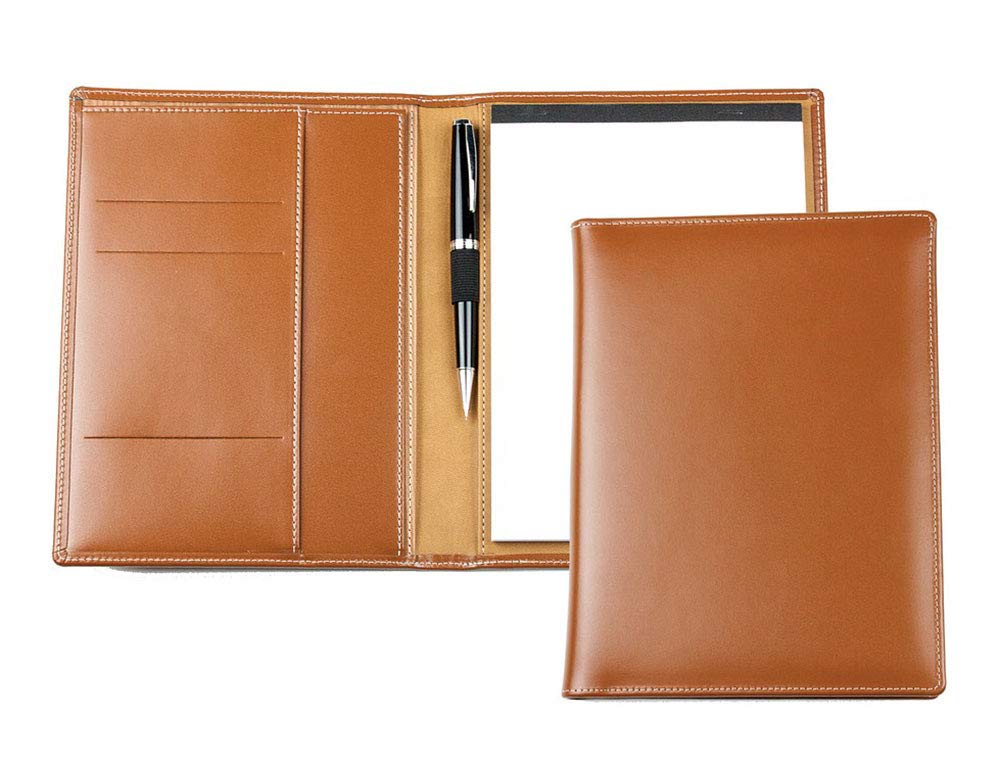 DELMON VARONE - Personalisierbare Schreibmappe DIN A5 aus Cambridge Top Grain Leder braun, Organizer Konferenzmappe mit Notizblock, Stiftschlaufe & Einsteckfächer, Elegante Echtleder Geschäftsmappe