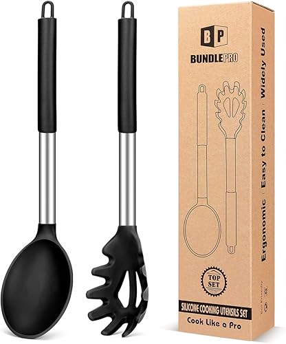 Juego de tenedor de silicona para pasta y cuchara de cocina, utensilios de cocina antiadherentes para cocinar, agitar, servir espaguetis, sopa,
