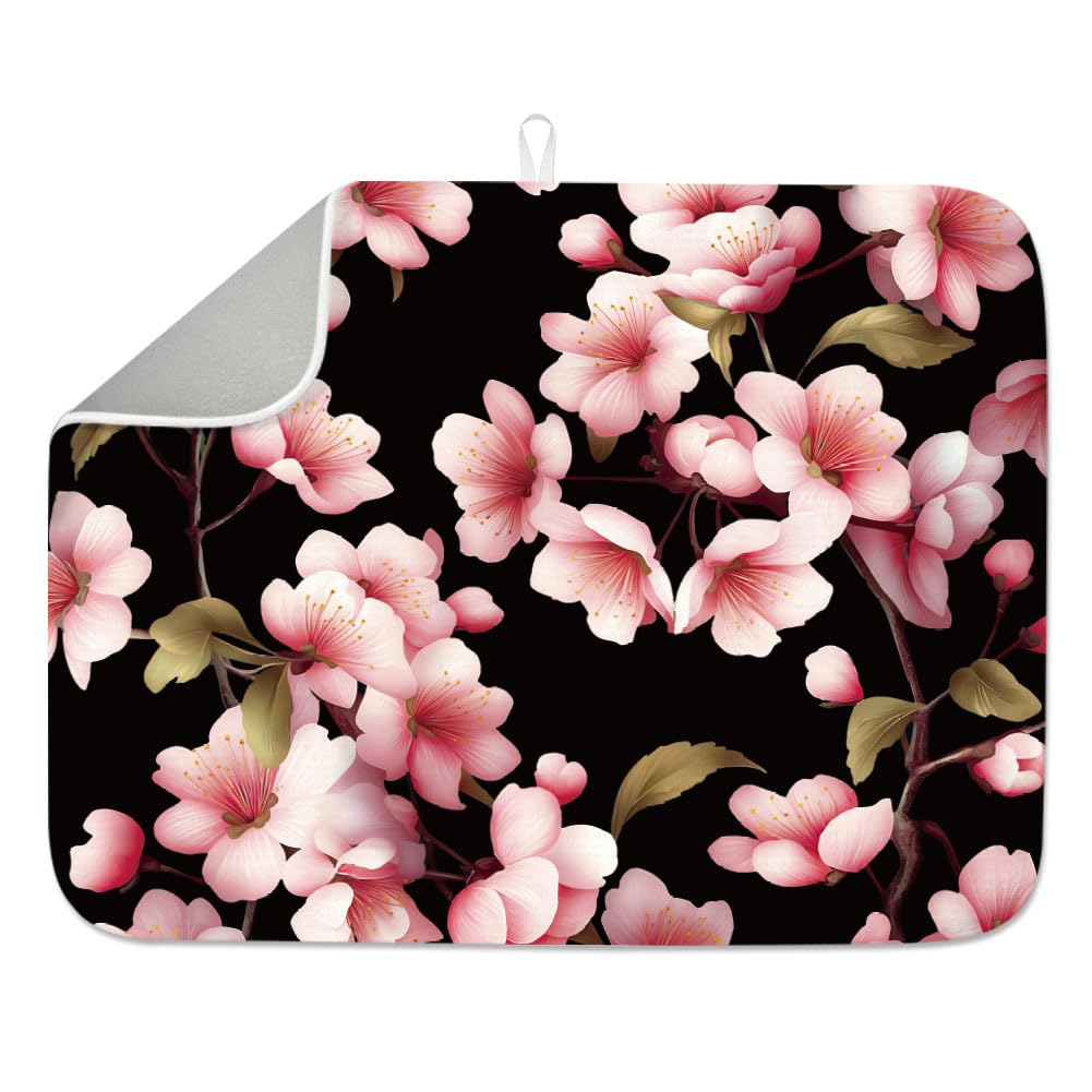 INFUNLY Cherry Blossoms Dish Drying Mat for Kitchen Counter Pink Flower Dish Drainer Mats Absorbent Microfiber Anti-Slip Black Dishes Drying Pad 18x24Inch Washable for Table Countertop Sink Coffee Bar